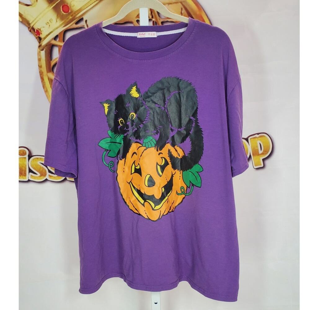 Romwe Purple Black Cat Pumpkin Halloween Tee Size Large